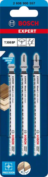 Bosch Professional Expert 'Wood 2-side clean' T 308 BP Stichsägeblatt, 3 Stück (2608900557)