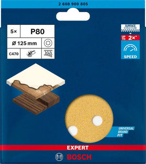 Bosch Professional Expert C470 Schleifpapier mit 8 Löchern für Exzenterschleifer, 125 mm, G 80, 5-tlg. (2608900805)